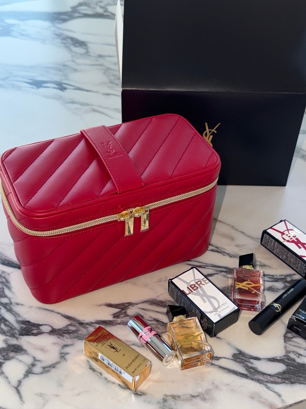 Yves Saint Laurent Beauty Red Quilted Leather Cosmetic Vanity Case